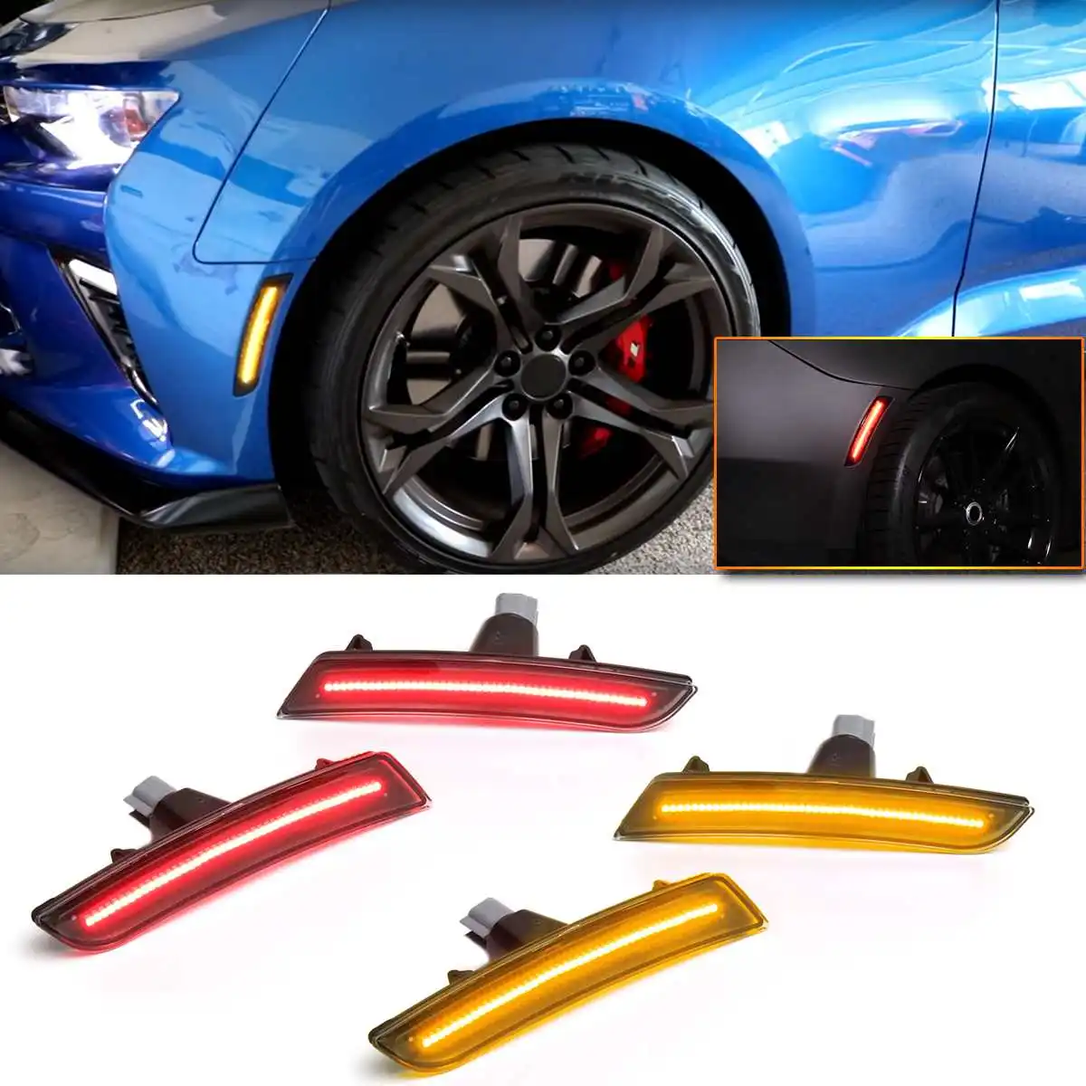 

1Pair Smoked Lens LED Front Amber Lamp Rear Red Side Marker Lights Lamps For Chevy Camaro 2016 2017 2018