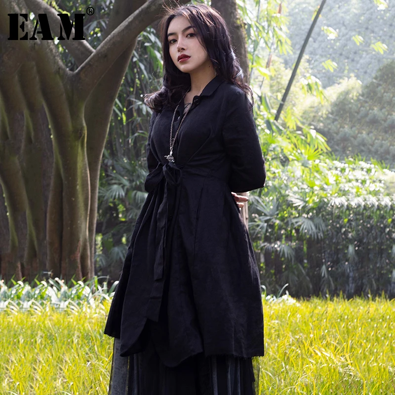 

[EAM] 2019 New Autumn Winter Lapel Long Sleeve Black Loose Bandage Fold Long Windbreaker Women Trench Fashion Tide JR506