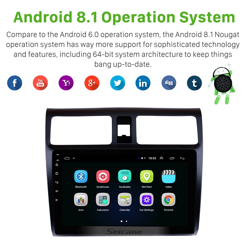 Best Seicane 10.1" Car Multimedia Player For 2005 2006 2007 2008 2009 2010 Suzuki Swift Android 8.1 HD Touch Screen GPS Navigation 1