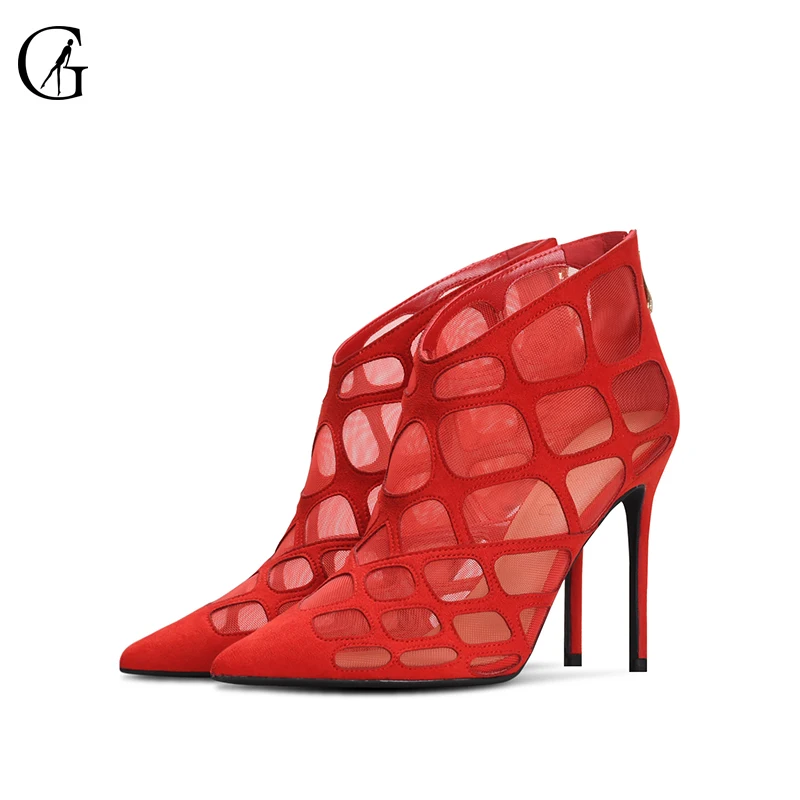 

GOXEOU 2019 New Spring Sandals Grid Hollow Zipper Sexy High Heels Banquet Gladiator Thin- Heels-red High-heeled Sandals Free Pos