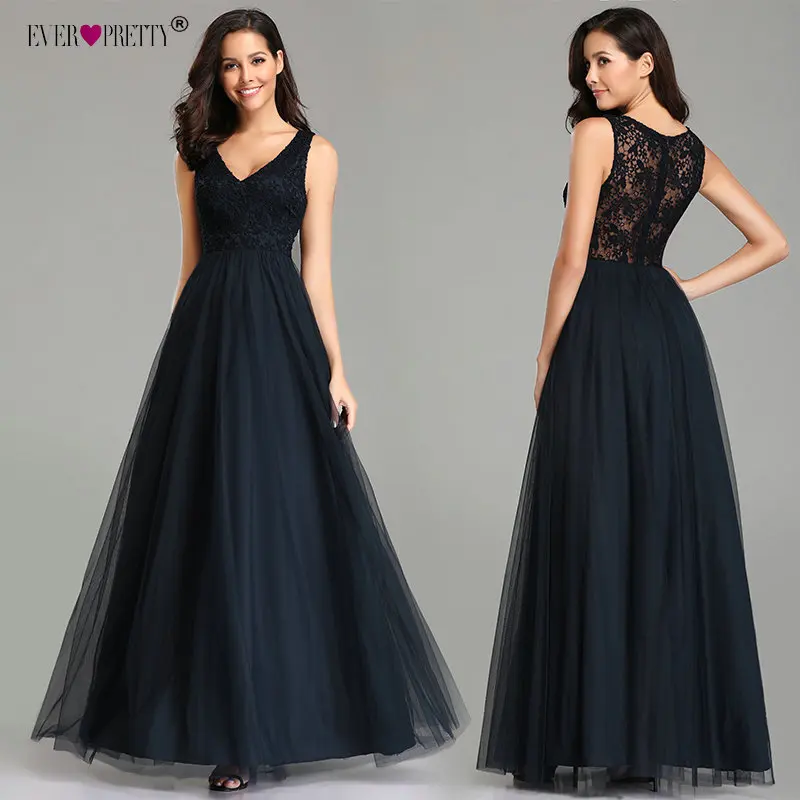 

Elegant Navy Blue Evening Dresses Long Ever Pretty EZ07644NB Sexy Cheap A-line Sleeveless V-neck Tulle Lace Back Robe De Soiree