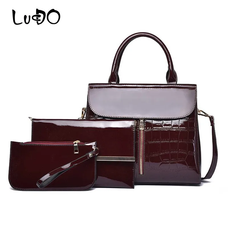 

LUCDO Luxury Patent Leather Handbag Women Bags Designer Brand Famous Tote Bags Shoulder Crossbody Bag Clutch Purse 3Pcs Bag Sets