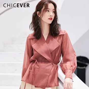 

CHICEVER Mesh Womens Tops And Blouses Shirts Lapel Lantern Sleeve Bow Bandage Loose Blouse Women Autumn Fashion Elegant Clothing