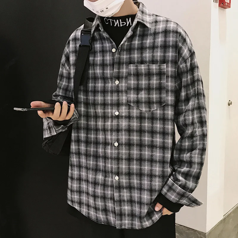 

2019 Spring New Man Long Sleeve men Shirt Pure Cotton Youth Trend Lattice camisa masculina