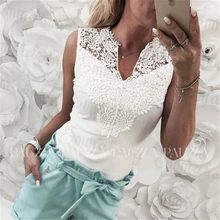 Regata sem mangas para mulheres, camisa de verão com laço bordado casual magro gola v camisa branca feminina elegante para verão