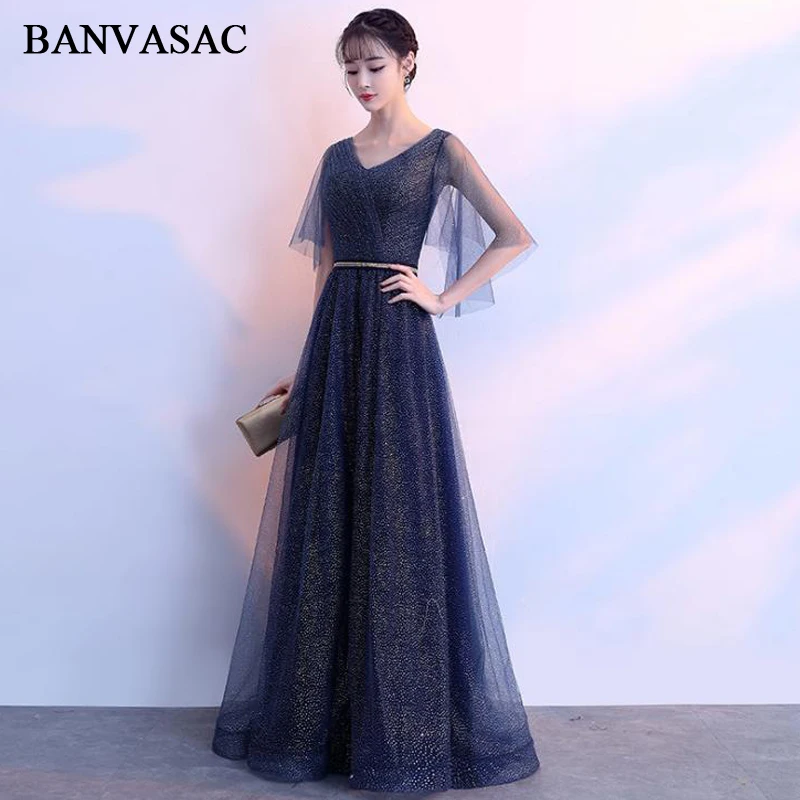 

BANVASAC Elegant Pleat V Neck Crystal Sash A Line Long Evening Dresses Tulle Half Sleeve Backless Party Prom Gowns