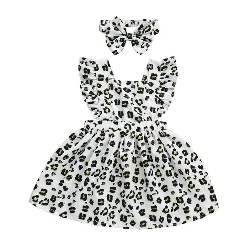 

Girls Dress Toddler Kid Baby Girl Summer Sleeveless Ruffle Leopard Party Dress Bow Headband Sundress 2PCS Children Clothes Suit