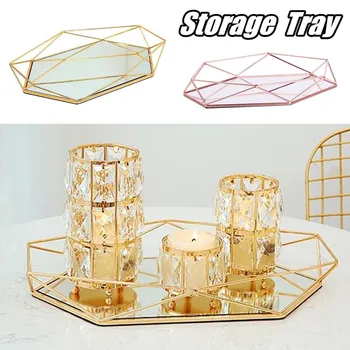 

Vintage European Colorful Glass Metal Storage Tray Gold Oval Dotted Fruit Plate Desktop Small Items Jewelry Display Tray Mirror