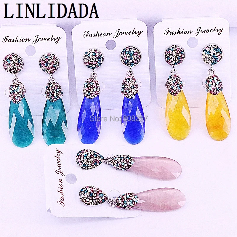 

Trendy 5Pairs Rhinestone Paved Water drop Cat eye stones Mix colors dangle earring jewelry for women