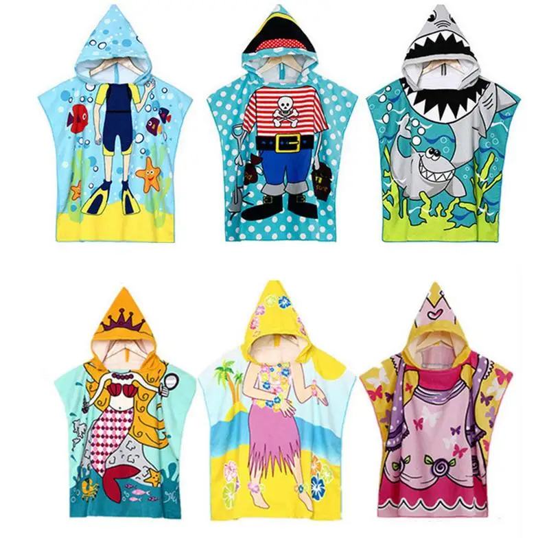 

Cartoon Beachwear Bather Towel Cloak Microfiber Children Beach Towel Active Print Hooded Beach Cloak For Kids Cute Swimming Wear