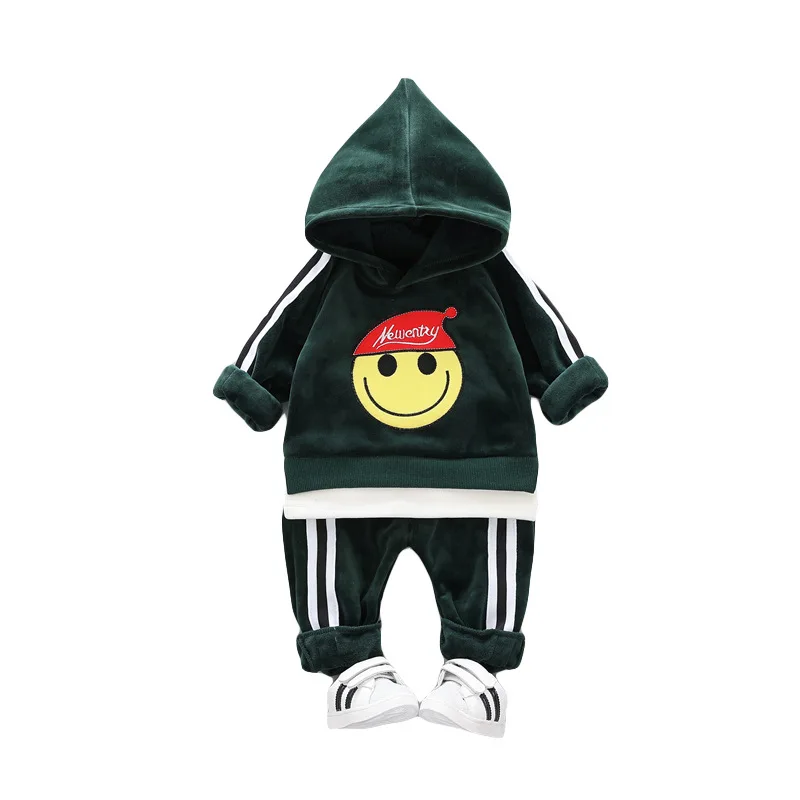 

2018 Winter Baby Boy Girl Sets Hooded Sweatshirts+Pants 2pcs Outfits Smile Printed Fleece Warm Tracksuit 1-4 Years Kids Clothes