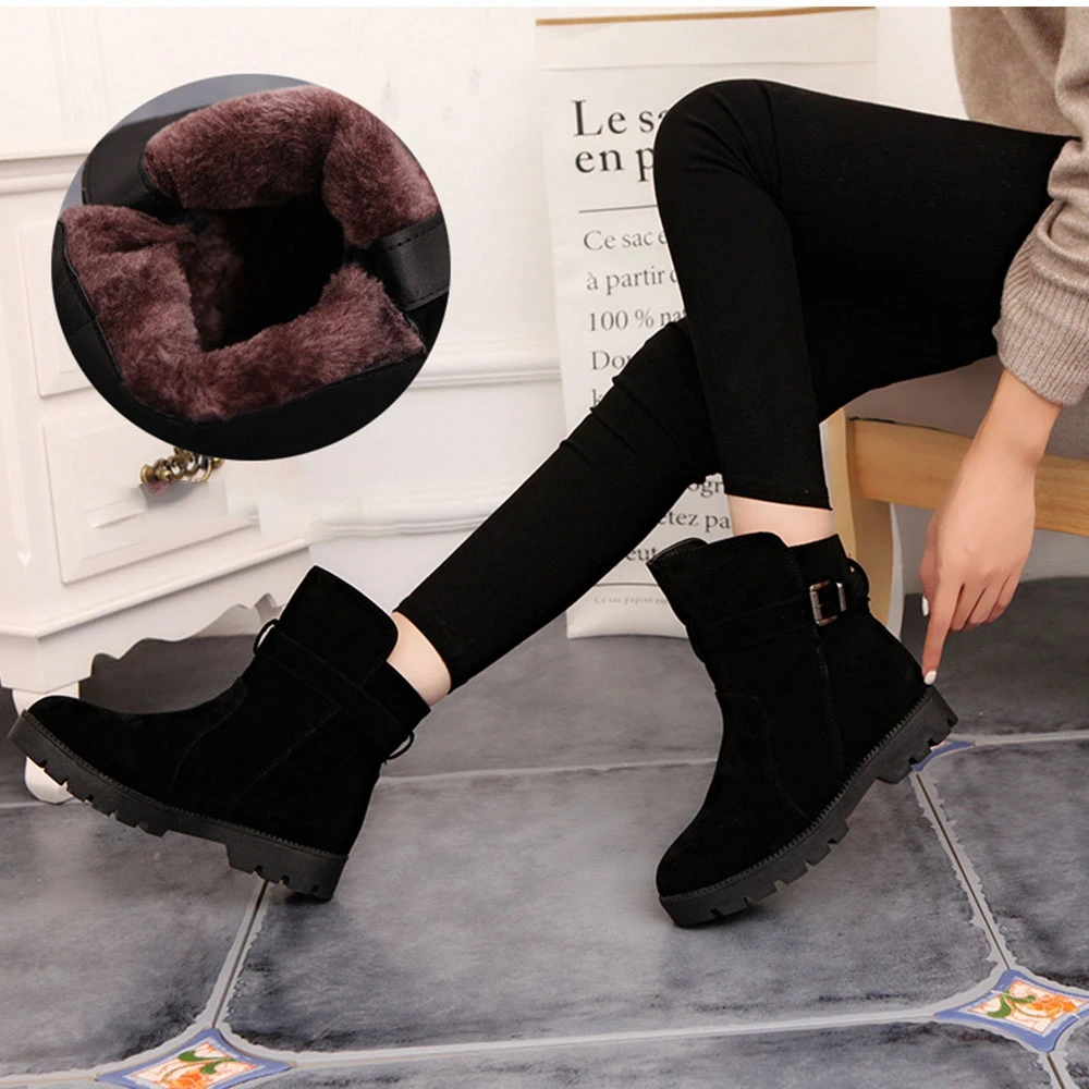 WISSTT Women Warm Snow Ankle Boots Buckle Match Solid Martin Boots Shoes High Quality Girls Hot