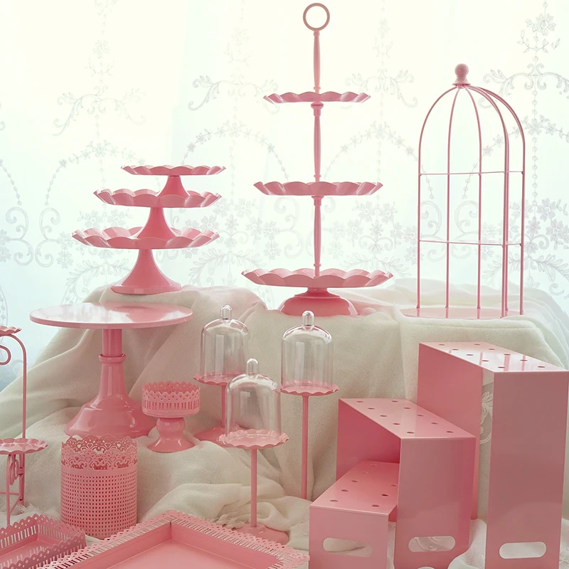 

Pink Cake Stand Cupcake Tray Birdcage Birthday Cake Tools Home Decoration Candy Bar Dessert Table Party Supplier