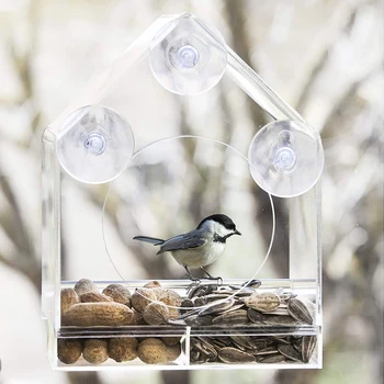 

Pet Bird Feeder Bird Cage House Shape Absorption Installation Transparent Acrylic Bird House Clear Ceiling Window pets loves