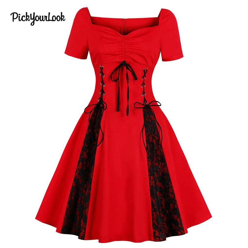 PickyourLook Lace Dress Pleated Midi Vintage Party Rockabilly Dress Ruched vestidos Gothic Tunic Dresses Hepburn Plus Size Dress