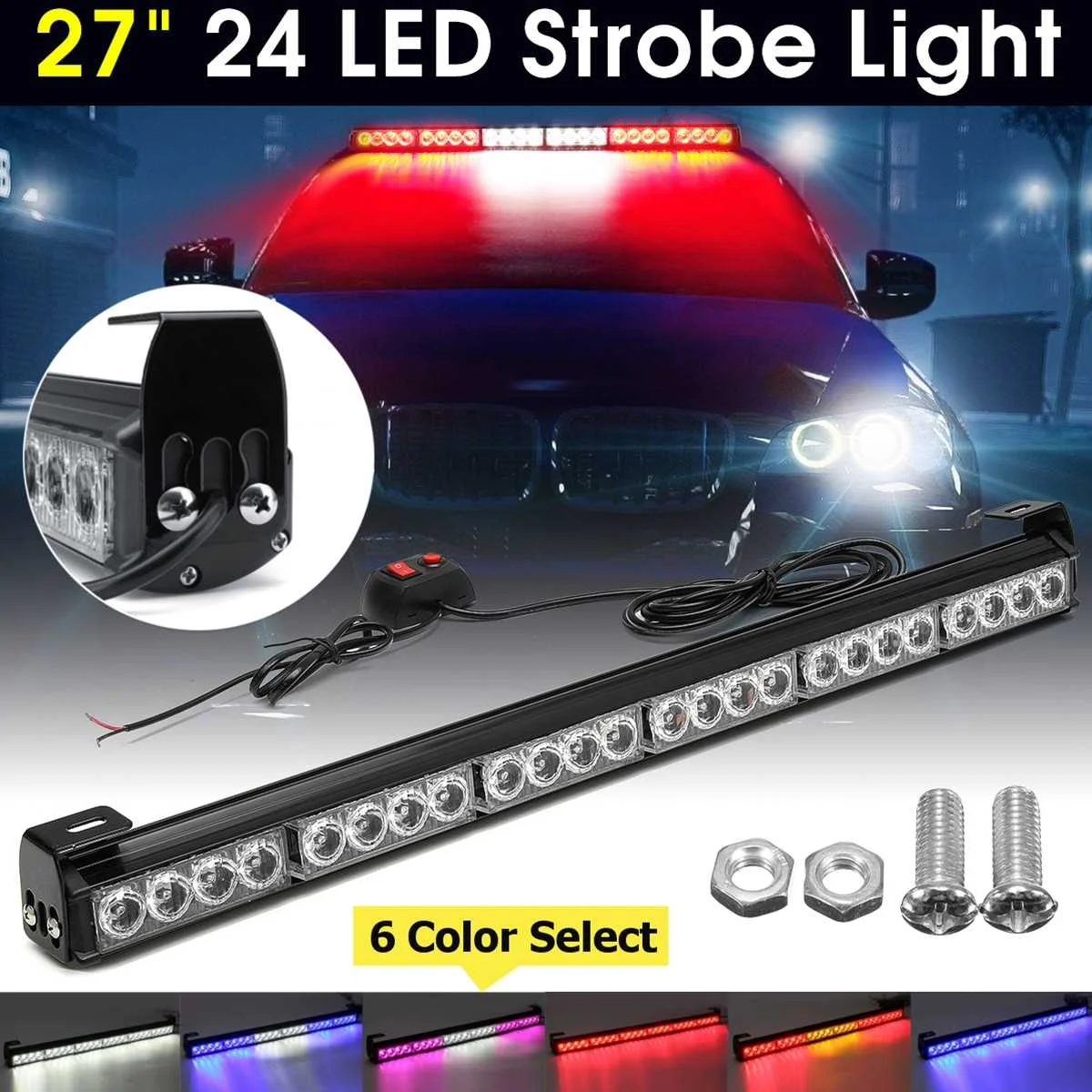 

Car 12V 24 LED 27" 66cm Emergency Strobe Flash Warning Light Flashing Truck Fireman Red Blue Amber yellow Lamp automobiles
