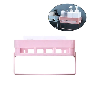

1pc Storage Rack Adhesive Hollow with Towel Bar Wall Mounted Storage Basket Storage Shelf Organizer for Home Bathroom