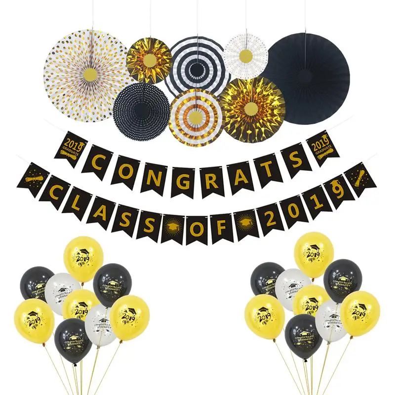 

27Pcs/Pack 2019 Graduation Party Decorative Bronzing Paper Banner Paper Fan Latex Balloons Graduation Party Supplies