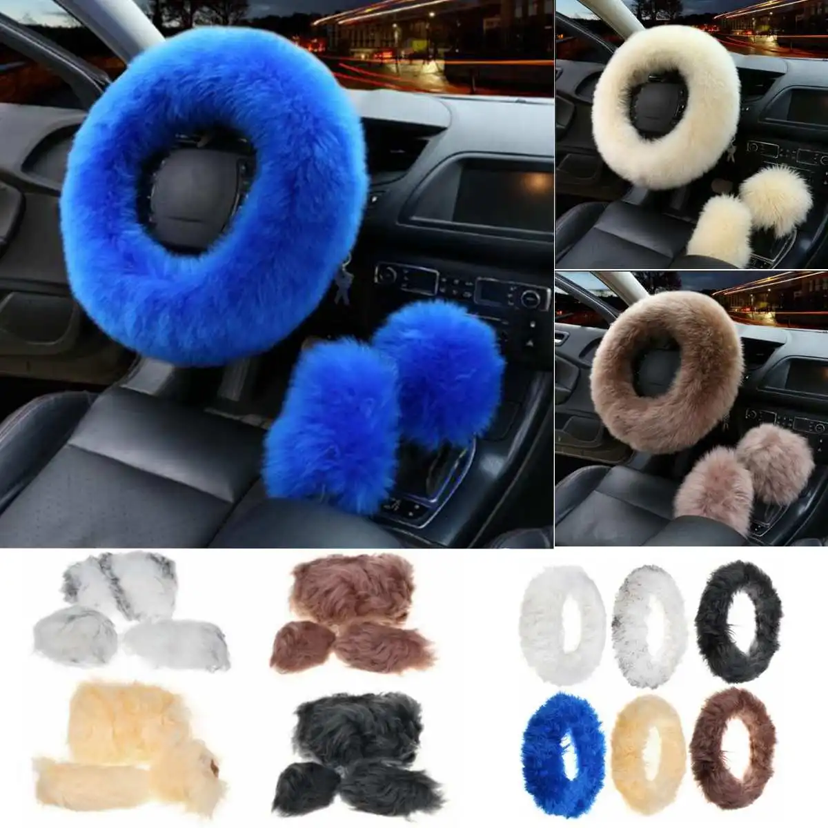 36 38cm Winter Furry Car Steering Wheel Gear Knob Shifter Parking Brake