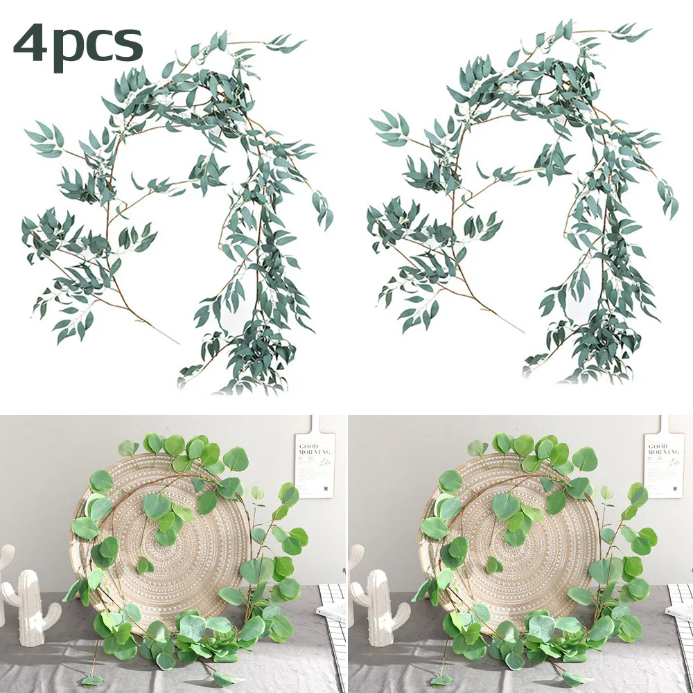 

2x Artificial Eucalyptus Leaves Vine+2x Simulated Willow Leaf Rattan Home Decor