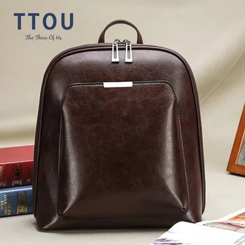 

TTOU Fashion Women Backpack Oil Wax Leather Shoulder Bag for Teenage Girls Solid Color Anti Thief Backpack mochila