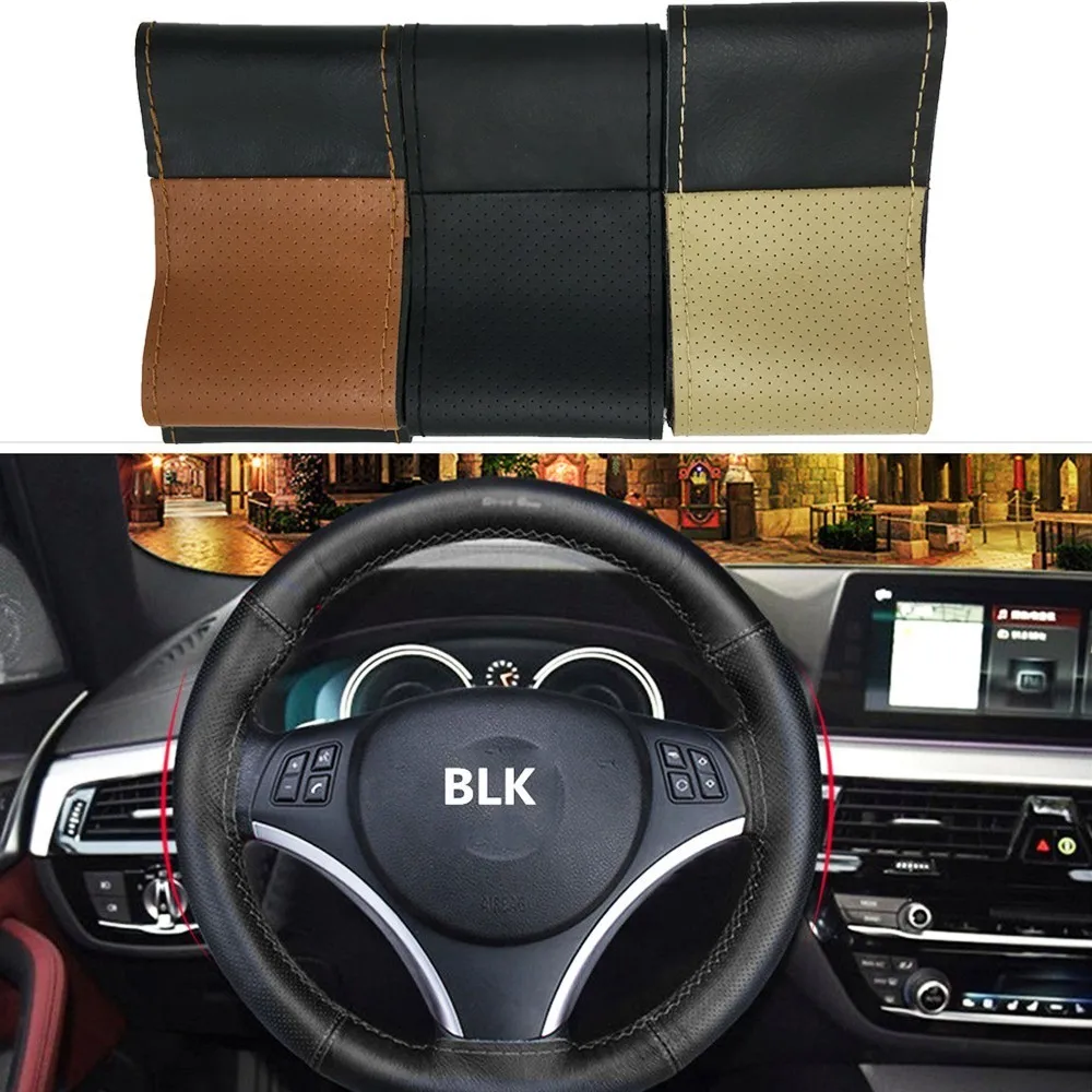 Car Driver Steering Wheel Covers Durable Soft Genuine Leather Braid On Hand-stitched Diameter 38cm Case Auto Car Accessories