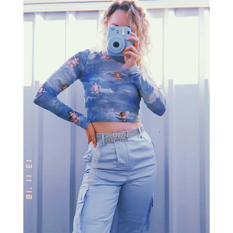 

Sexy Womens Ladies Cupid Printed Sheer Mesh Under Shirts T Shirt Transparent See Through Long Sleeve Pullovers Tops Vintage Club
