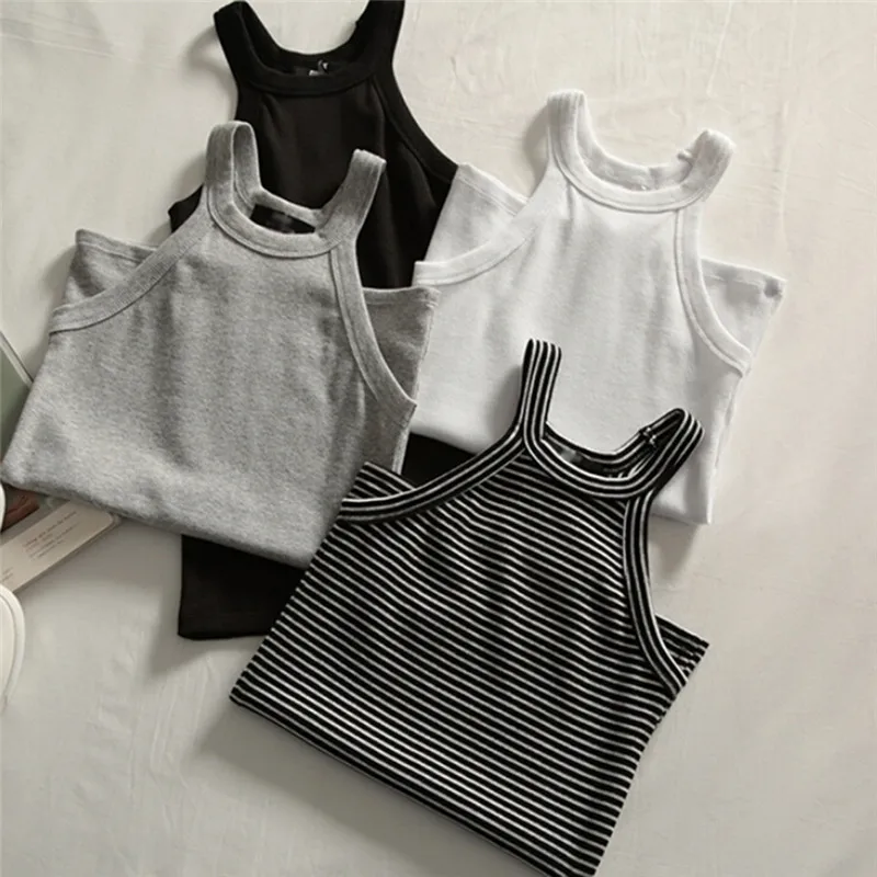 

2019 Tank top Women Basic Solid T shirts Slim Halter Neck Off-shoulder Camisole Tops Tees Summer Female Tanks Sleeveless