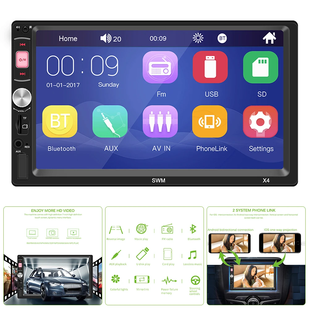 

ALLOMN 7 Inch Touch Screen Car Mp5 Player Support for Android 8.1 IOS Bluetooth Steering Wheel Control Remote Controller Player