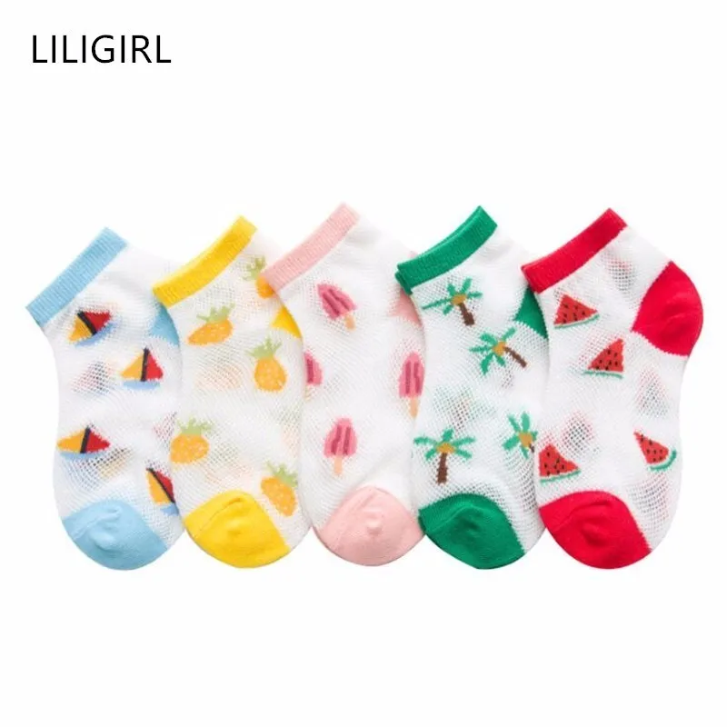 Детские носки для девочек LILIGIRL тонкие прозрачные сетчатые с мультяшным рисунком