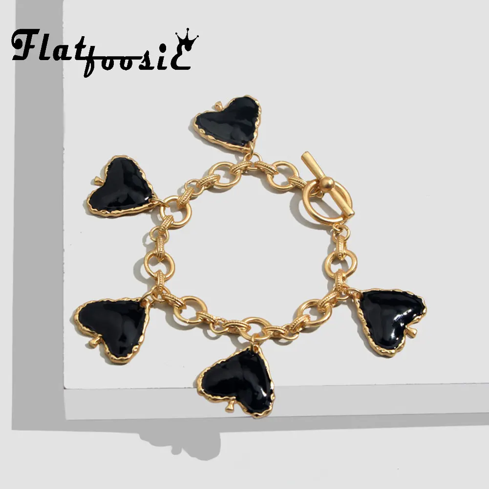 

Flatfoosie ZA Heart Bracelets Bangle For Women Boho Black Geometric Gold Color Chain Bracelet Fashion Jewelry Wedding Party Gift