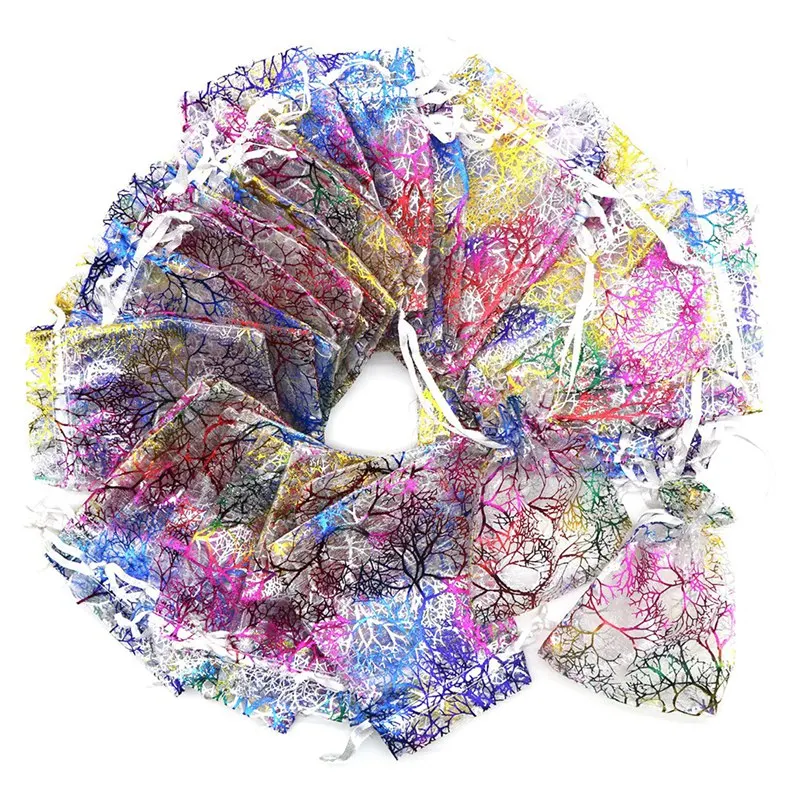 

100 Pcs 9x12cm Coral Pattern Drawstring Organza Bags For Wedding Favour Bags Jewellery pouches(white+color)