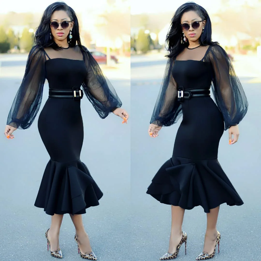 

2019 New Women's Mesh Long Sleeve Lantern Frill Neck Ruffles Midi Hem Knee-Length Party Dress Bodycon Vestidos 98019