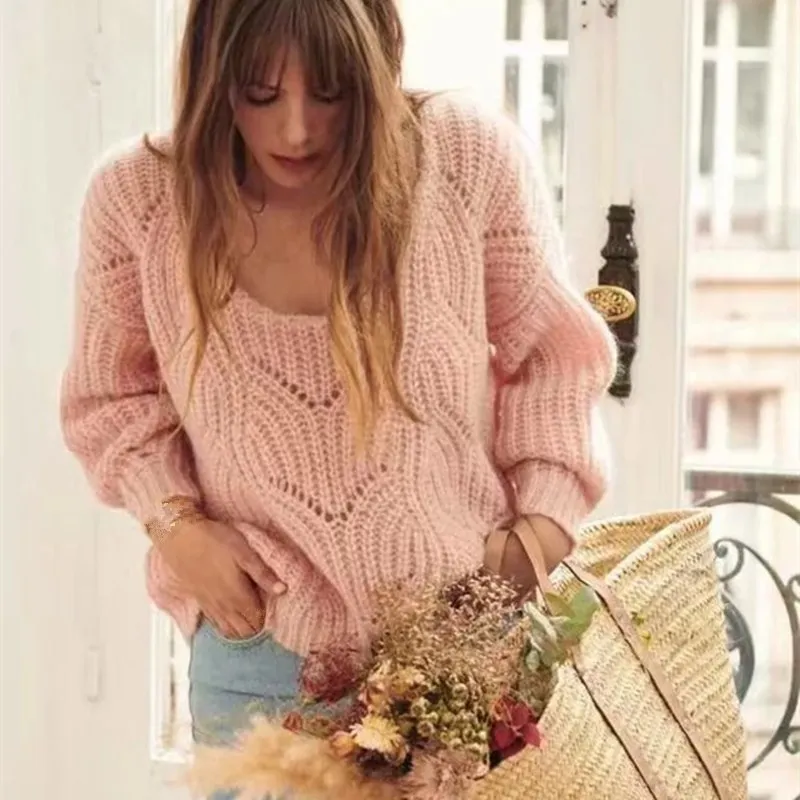 

Autumn Fashion Women Knitted Sweater Long Sleeve Thin Solid Loose Knitwear Hollow Out Pullover Sweater