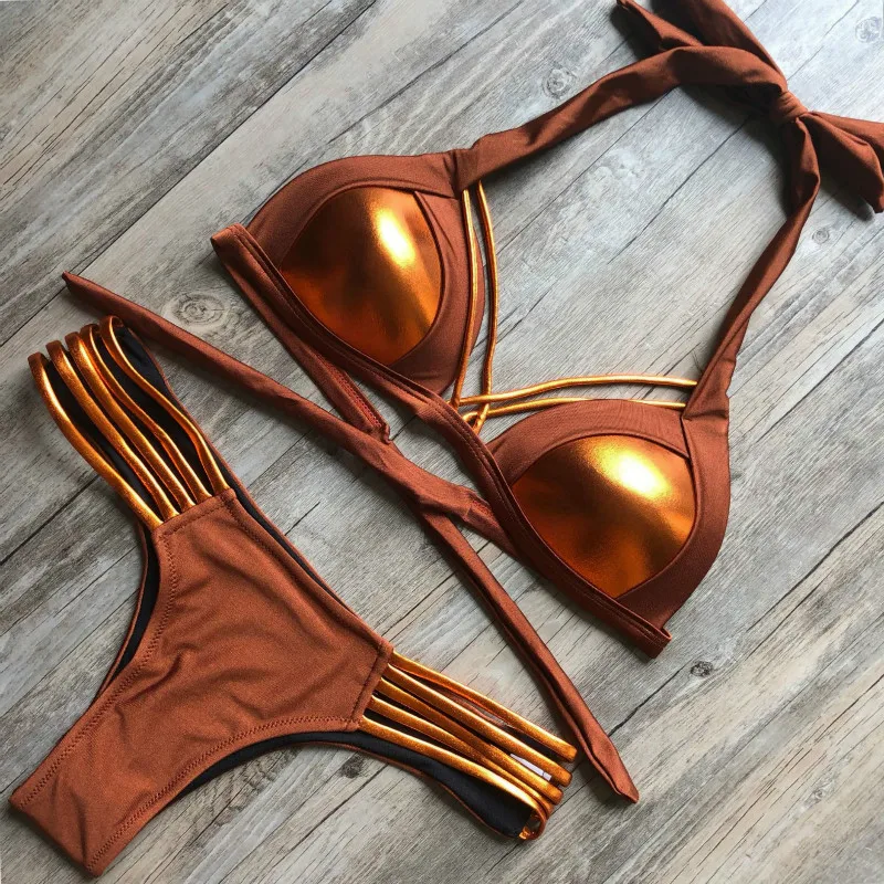 

Halter Neck Gold Push Up Outdoor Tops Ladies Stripe Patchwork Liquid String Brazilian 2 Piece Sunbathe Set