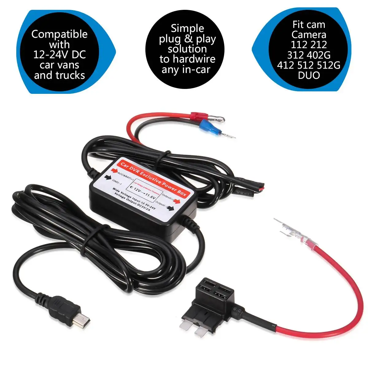 

DC12.5V-24V Car Dash Camera Mini Hardwire + Fuse Kit Hardwire Mini USB For VIOFO A119 A119S