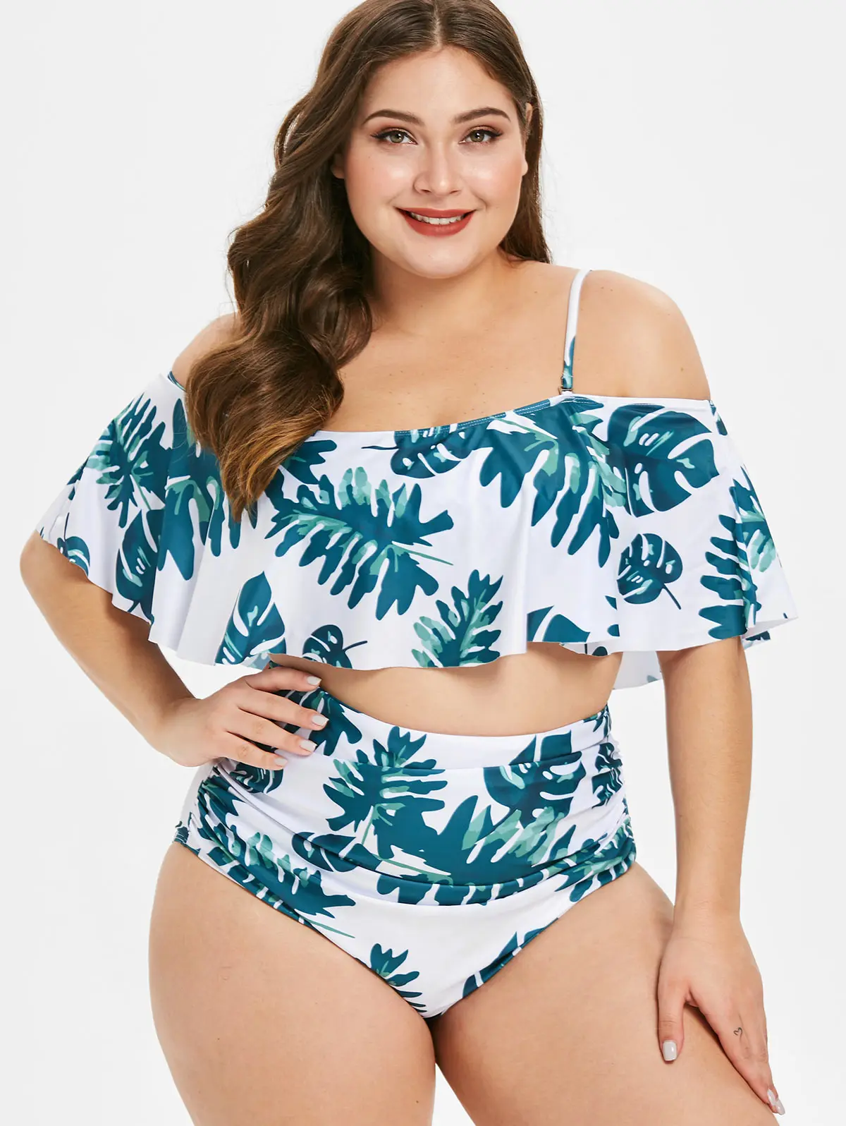 

Wipalo Open Shoulder Leaves Print Plus Size Women Beach Set Two Pieces Spaghetti Strap Crop Tops Swimwear Summer Holiday Set 4XL