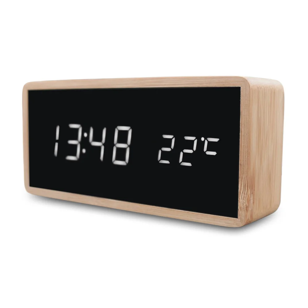 New Bamboo Wooden Alarm Clock LED Display With Mirror Temperature Digital Watch Desktop Digital Table Clock