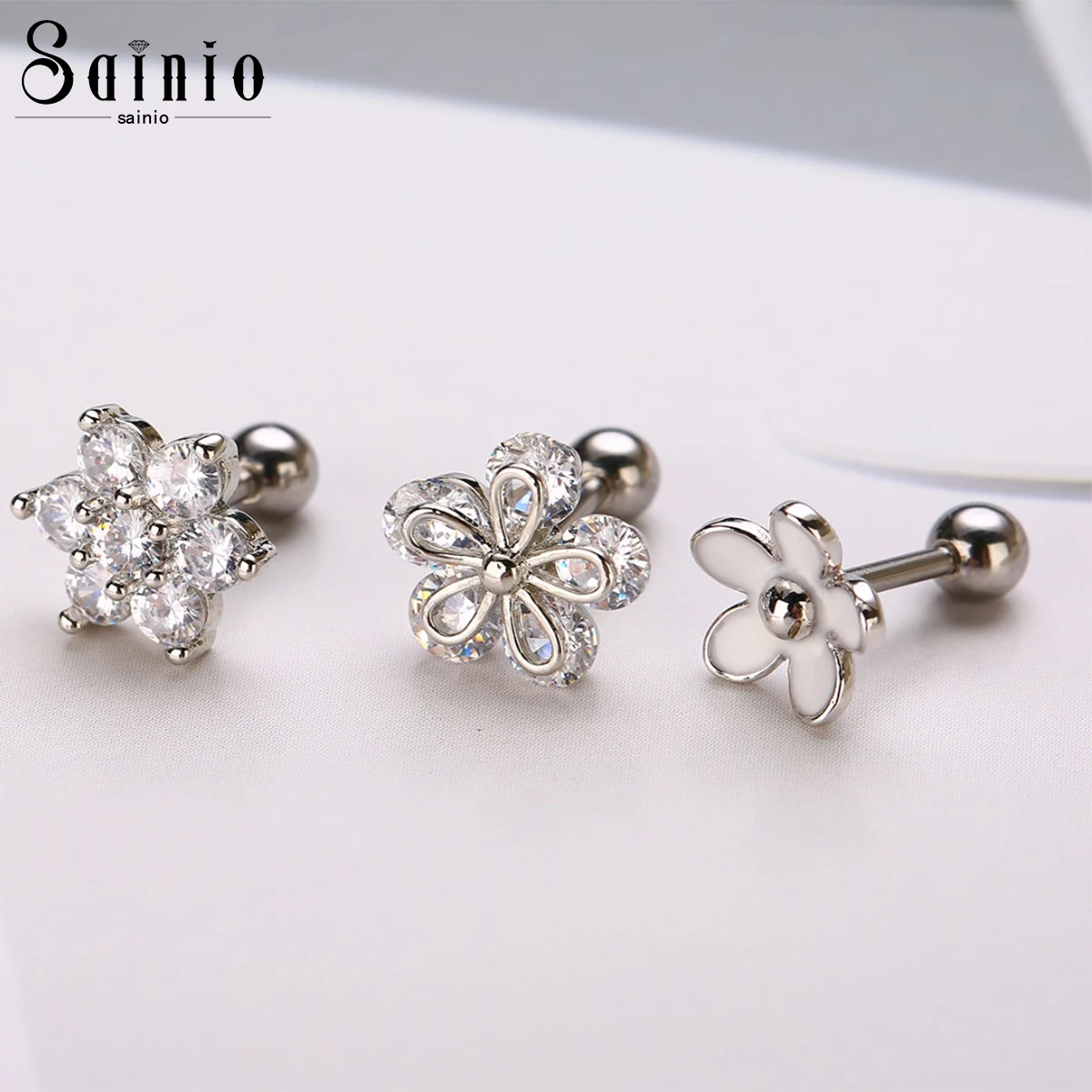 

Sainio 3pcs CZ Flower Ear Cartilage Tragus Helix Earrings Nail Bone Barbell Piercing Cartilage Ring Jewelry For Women Girl