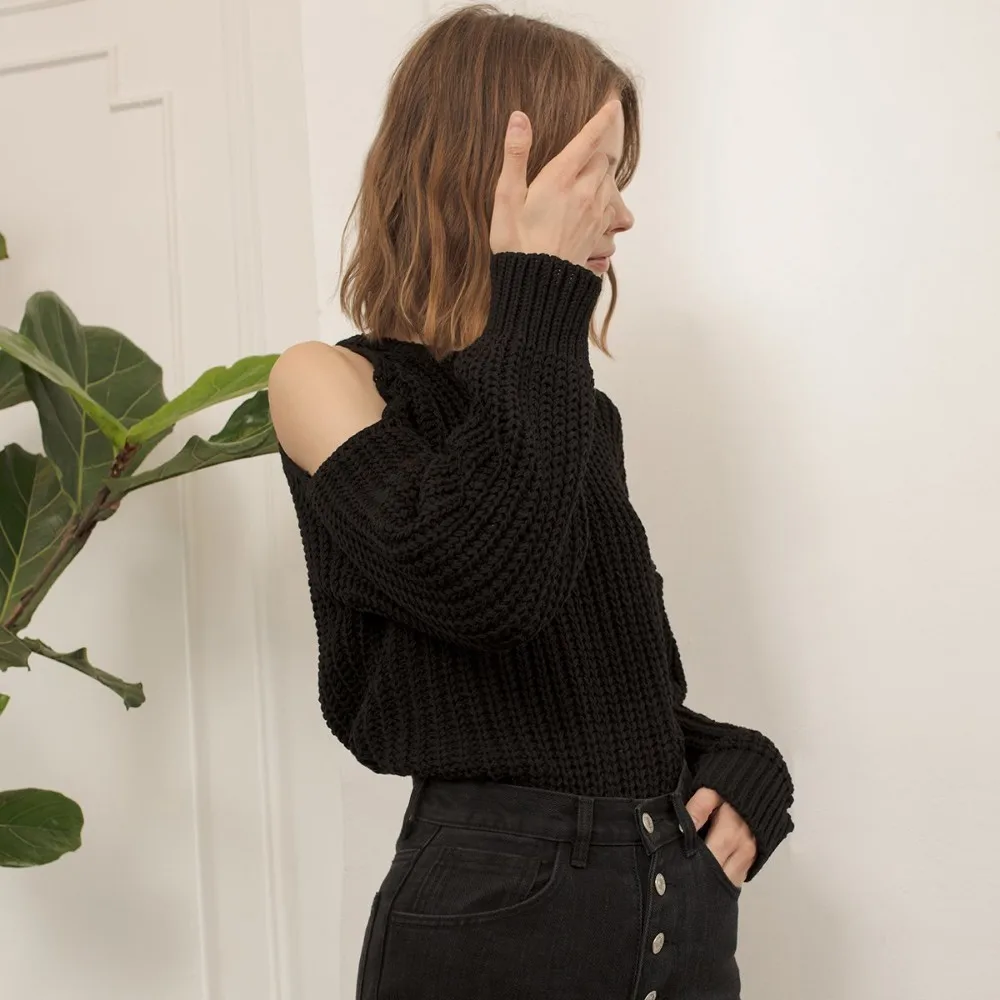 HDY Haoduoyi Simplicity Pure Black Color Exposed Shoulder O-neck Lantern Long Sleeves Easy Sweater New Arrival HDY Haoduoyi Simplicity Pure Black Color Exposed Shoulder O-neck Lantern Long Sleeves Easy Sweater New Arrival