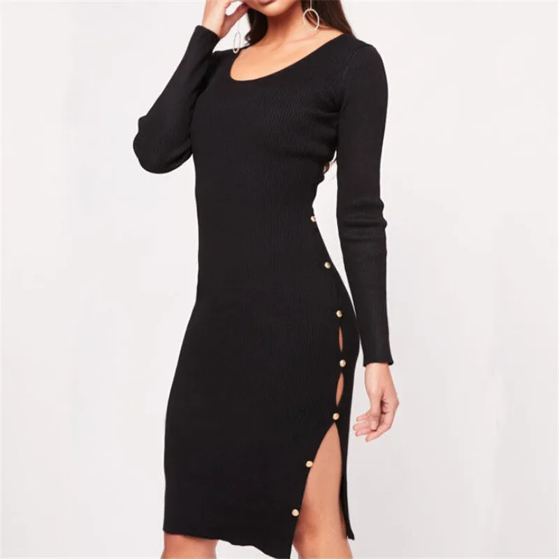 

Sexy Women Casual O-Neck Knit Dress Bandage Bodycon Evening Party Knee-length Dress Spring Fall Long Sleeve Split Pencil Dresses