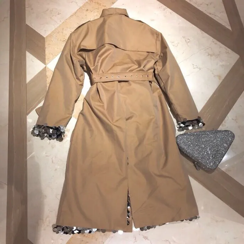 Revers Longues L709 Nouveau De Long Khaki À Manches vent Mode Fendue Femmes Marée Lâche Commune 2019 Printemps Coupe Tranchée Kaki Paillettes Hiver nwtdqYY1R