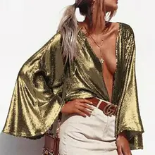 Summer Tops 2019 New Summer Women Sexy Sequined Collarless Trumpet Long Sleeve Loose Cover Up Tops Size S-XL Summer Tops 2019 New Summer Women Sexy Sequined Collarless Trumpet Long Sleeve Loose Cover Up Tops Size S-XL