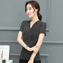 1634 футболка с глубоким v-образным вырезом и коротким рукавом женская стрейчевая элегантная офисная сексуальная летняя тонкая футболка с запахом блестящего размера плюс 4XL