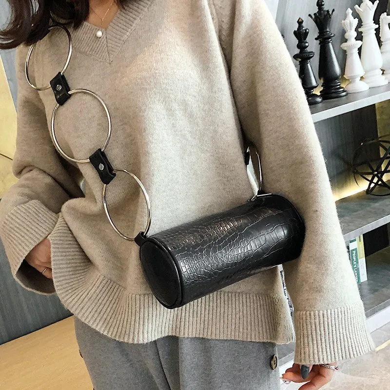 

Vintage Casual Style Bucket Cylindrical Alligator Bags Barrel-Shaped PU Women Crossbody Bags Metal Handle Shoulder Tote Bags