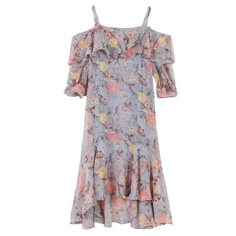 

MISSKY Fashion Chiffon Summer dress Women Off Shoulder Lace Up Sexy Female Flowing Floral Print party dress Ladies Dress