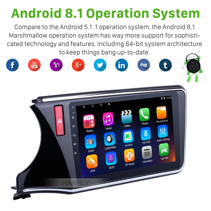 Excellent Harfey Android 6.0/8.1 10.1" 2Din Car Radio For Honda CITY LHD 2014 2015 2016 2017 GPS Multimedia Player Head Unit 1