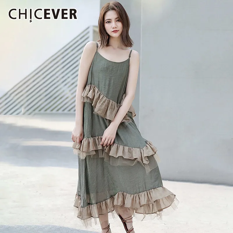 

CHICEVER Spring Sexy Mesh Patchwork Cascading Ruffle Hit Color Dress For Women Spaghetti Strap Sleeveless Mid-calf Dresses 2019
