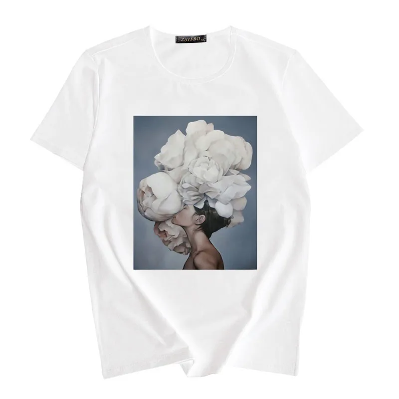 

New Cotton Harajuku Aesthetics Tshirt Sexy Flowers Feather Print Short Sleeve Tops & Tees Fashion Casual Couple T Shirt