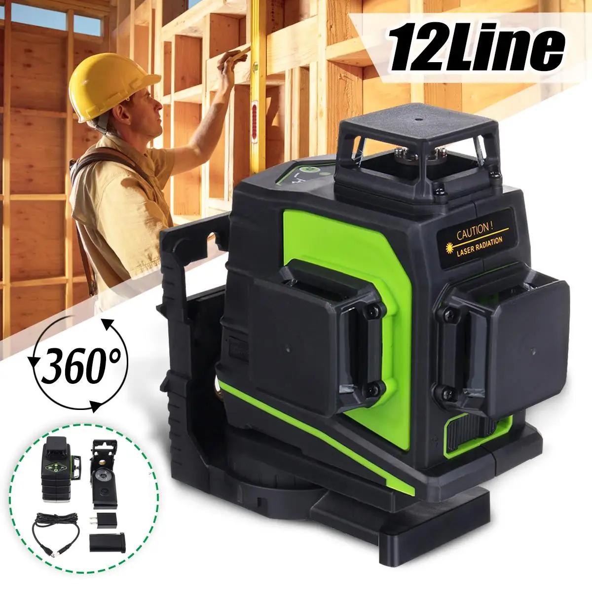 

12 Lines Green Cross Line Laser Level 510nm 3D 360 Degree Rotation Auto Leveling Horizontal Vertical Laser Beam Indoor/Outdoor